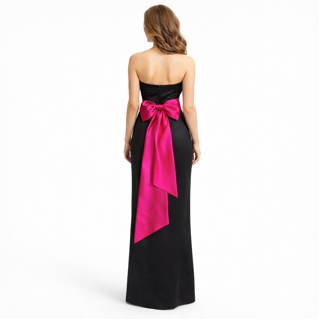 Vintage 90s Bill Levkoff Black Strapless Gown Pink Bow Sash Formal Dress Xxs